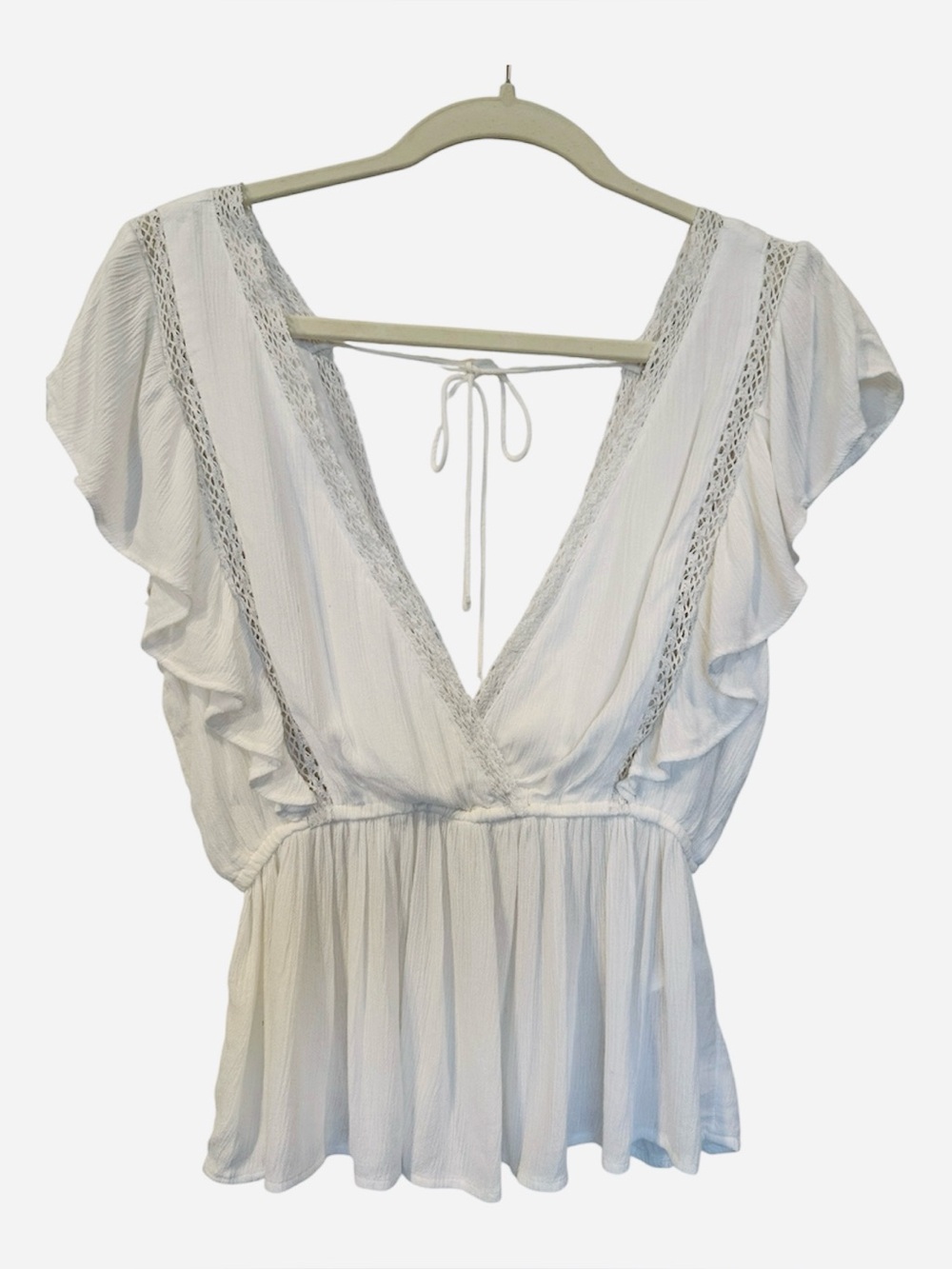 Abercrombie & Fitch White Lace-Trim Flutter Sleeve Women's Top